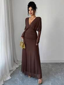 Elenzga Damen Elastisches Mesh-Gewebe gefüttertes V-Ausschnitt Kleid mit Raglanärmeln, geraffter Taille und A-Linie, verdecktem Reißverschluss an der Seite, Maxikleid, eleganter französischer Vintage-Stil für Büro, Lässig und Lässig, geeignet für Party, Weihnachten, Thanksgiving, Nachmittagstee, Neujahr, Herbst/Winter - Braun - Übersicht 4