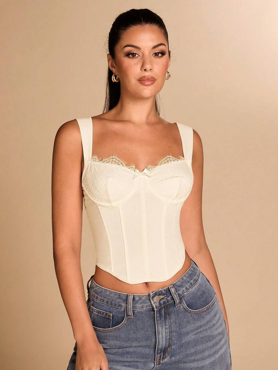 SHEIN BAE Elegant Solid Color Lace Patchwork Underwire Bralette - Apricot - View 1