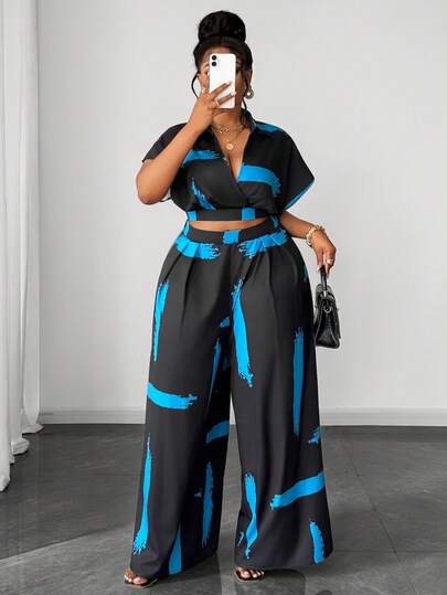 Maweii Plus Size Women's Elegant Contrast Color Print Shirt Collar Raglan Sleeve Cinched Waist Crossed Neckline Wide Leg Pants Two Pieces Set, Stylish For Party And Gathering