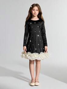 Maija Kids Tween Girl Knit Color Block Rhinestone Decor Round Neck Long Sleeve Casual Elegant Dress - Black - View 3