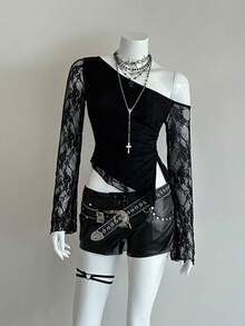 SHEIN DivaQ 女士蕾丝纹理不对称下摆收腰斜肩上衣 - 黑色 - 查看 3