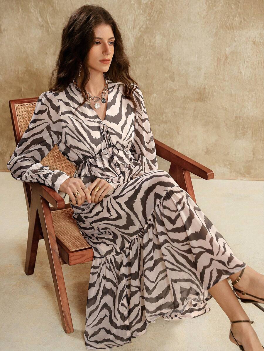 Florisole Women's Chiffon Zebra Print Dress With Ruffled Hem, Pleated Waist, Gathered Neckline, Tie Hem, And Spliced ​​Long Sleeves. New Year Dress Elegant Dresses For Women Women's New Year's Eve Dresses - Black and White - View 1