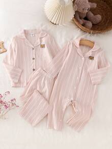 女婴睡衣三件套粉色条纹睡衣套装，包括翻领长袖长裤连体衣，两件套睡衣，适合新生儿、婴幼儿四季穿着，轻薄透气，适合假日拍照，可爱舒适，日常居家服，2026年必备礼物 - 彩色 - 查看 1