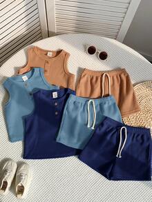 Loomiva 6pcs/Set Baby Boy Cute Casual Knit Top & Shorts Set, Basic Multi-Pack, Summer - Multicolor - View 8