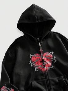 ROMWE MEN Street Life Sudadera con capucha con corazón de espinas oscuras para hombre - Negro - Ver 4