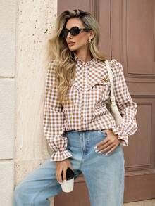 SHEIN PariChic Áo sơ mi kẻ caro nữ có vạt áo kiểu Pháp và viền xếp nếp - Màu Khaki - Xem 6