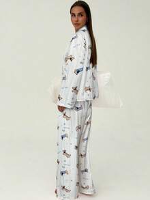 Aloruh 2pcs Women Cartoon Print Long Sleeve Top And Pants Set - Baby Blue - View 2