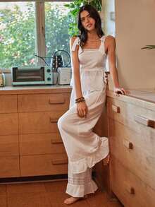 Lullawish Bộ đồ ngủ nữ kiểu Bohemian với dây đeo mảnh, chất liệu cotton dệt, có ren, thích hợp cho nữ, phong cách Boho, đồ mặc nhà mùa hè cho nữ. - trắng - Xem 3