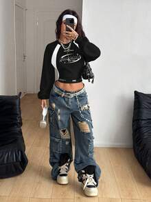 Coolane 女士休闲字母印花圆领插肩袖长袖短款卫衣 - 彩色 - 查看 5