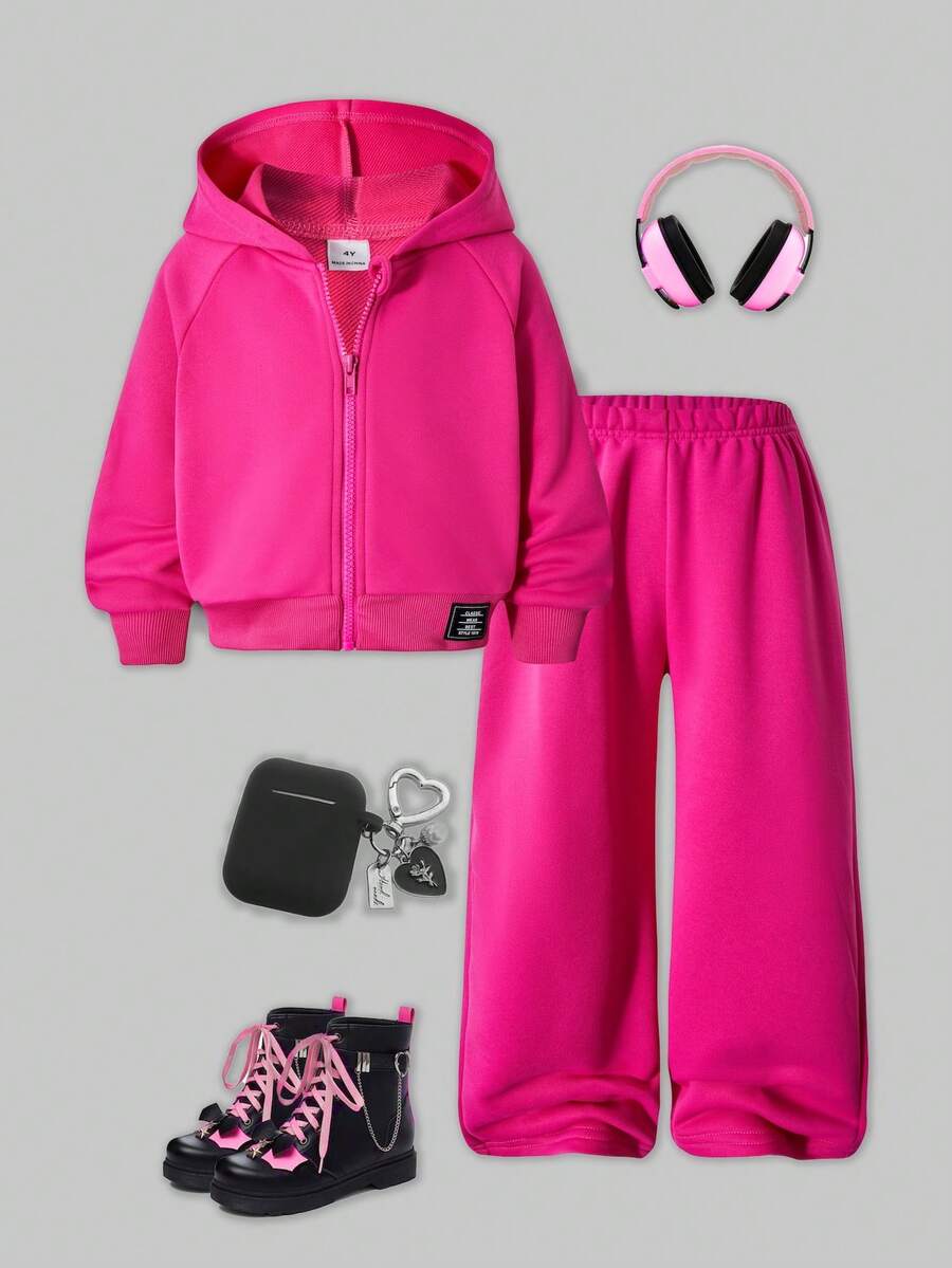 SHEIN ChillGRL Streecool 少女休闲学院风百搭小Logo连帽宽松拉链卫衣和阔腿运动裤套装,适合休闲和运动场合。 - 玫紅色 - 查看 1