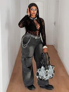 Maweii 大码女士性感镂空连体衣 - 黑色 - 查看 6