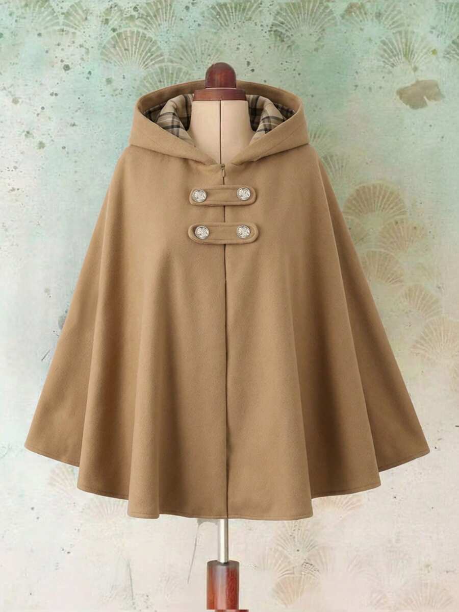 Sunspun Plus Size Hooded Sleeveless Thick Woolen Cloak Coat - Brown - View 1