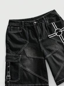 ROMWE MEN 男士十字绣工装牛仔短裤 - 黑色 - 查看 2