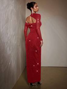 SHEIN BAE 优雅黑色不对称领长袖修身连衣裙，黑色连衣裙，正式礼服，派对礼服，鸡尾酒礼服 - 紅色 - 查看 2