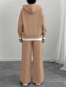 Conjunto de dos piezas de sudadera y pantalón de chándal oversize de color gris jaspeado para mujer - Beis - Ver 2