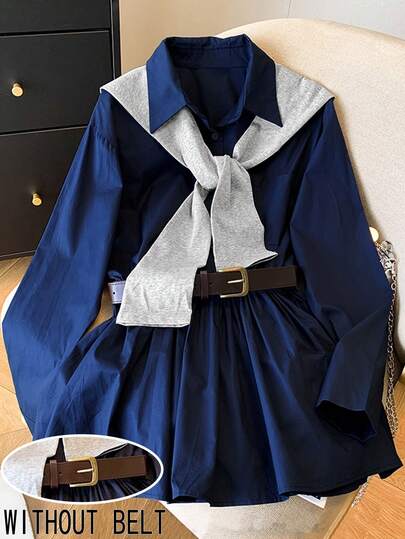 Resyla Women's Shawl Collar Waist Cinched Long Sleeve Shirt Dress, Fashionable For Vacation And Gatherings