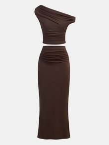 SHEIN Tween Girls' Casual Oblique Shoulder Short Sleeve Fitted T-Shirt Set