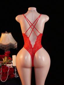Floral Lace Criss Cross Teddy Bodysuit Lingerie Bridallingerie - Red - View 2