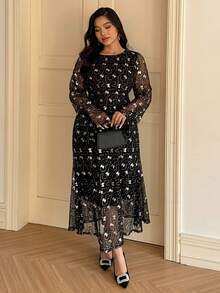 Dazy Plus Đầm Valentine thanh lịch đính sequin tay xòe, eo ôm, co giãn, cỡ lớn. - màu đen - Xem 6