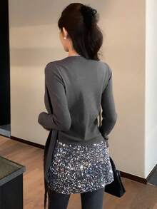 DAZY 女士纯色修身披肩领二合一长袖优雅针织毛衣，春秋季 - 灰色 - 查看 2
