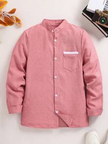 一件青少年男士绅士风衬衫，粉色百搭修身长袖立领衬衫，优雅学院风个性休闲外套，适合婚礼、婚礼宾客、花童、戒指童等场合 - 粉色 - 查看 3