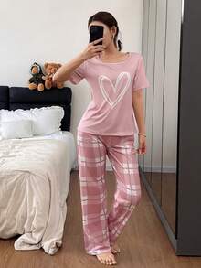 SHEIN 2pcs/Set Heart Plaid Print Pink Casual Sleepwear Shorts & Top Set - Multicolor - View 3