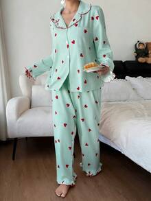 Dream Adore Bộ đồ ngủ họa tiết trái tim sọc cổ nấm cỡ lớn dành cho nữ - Nhiều màu - Xem 5