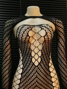 2pcs/Set Women Long Sleeve Cropped Top And Sexy Mesh Mini Skirt - Black - View 3