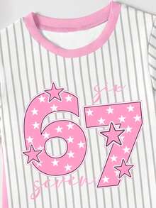 SHEIN 夏秋两季少女休闲时尚创意个性清新简约别致数字67、星星、竖条纹、标语印花舒适短袖T恤裙，适合女孩的温暖夏秋装扮 - 卡其色 - 查看 5