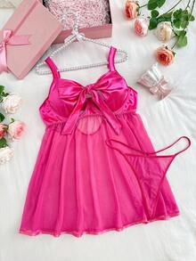 SHEIN 2件套女士性感网纱吊带连衣裙，带蝴蝶结装饰 - 玫紅色 - 查看 6
