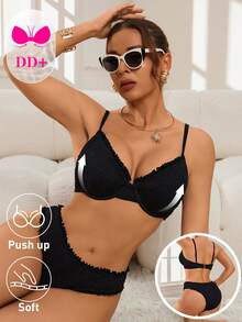 Swim DD+ Women's Solid Color Ruffle Trim Swimsuit Set, Spring/Summer - Black - View 1