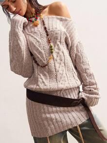 Bohemela Women's Asymmetric Neck Long Sleeve Twist Cable Pattern Casual Knit Dress In Fall/Winter