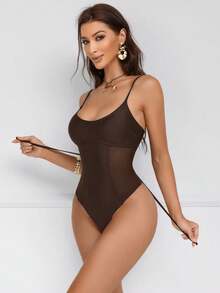 Shapewave Đồ bơi một mảnh lưới vá dây rút nâng bụng cho nữ, cổ tròn lưới màu đen - Cà phê nâu - Xem 8
