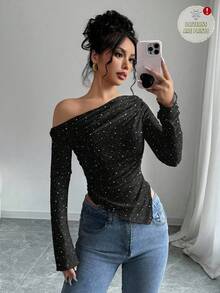 Firerie Áo thun dài tay dáng ôm, vai lệch, eo nhún, viền lệch, thiết kế đơn giản, thanh lịch dành cho nữ, thích hợp cho tiệc tùng - Nhiều màu - Xem 5