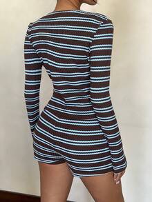 Siren Gaze Brown & Blue Striped Long Sleeve Top And Shorts Set, Spring/Autumn Casual