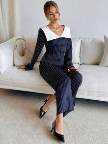 Siren Gaze Ensemble chemise et pantalon rayé bleu marine pour femmes, tenue décontractée et élégante en 2 pièces pour le travail