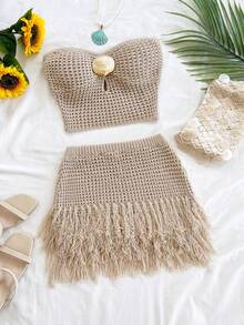 Soleia 女士度假两件套：针织纹理毛衣和流苏金属装饰迷你裙，适合派对、约会、海滩度假、夏季穿搭、假日、下午茶、婚礼季、邮轮旅行、城市之旅、波西米亚风度假、音乐节等场合。 - 卡其色 - 查看 7