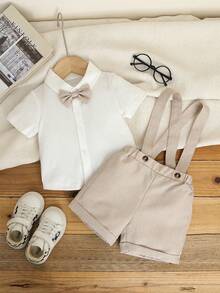 Souflis Souflis 2 pezzi Set di abbigliamento elegante da gentiluomo per bambini piccoli, inclusa camicia bianca a maniche corte con colletto e papillon, e pantaloncini casual con vita elastica e bretelle, alla moda ed elegante, adatto per feste di compleanno, cerimonie, spettacoli, matrimoni, festa di nascità e altre occasioni formali, per l'estate - Multicolore - Visualizzare 4