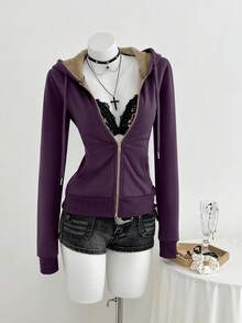 Elamini 女士修身复古风针织弹力连帽保暖长袖口袋卫衣 - 紫色 - 查看 4