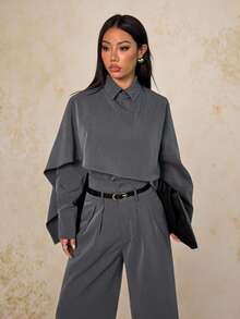 SHEIN PETITE 2pcs Women's High Waist Cinched Waist Trench Coat & Midi Dress Suit, Elegant British Style For Commuting, Autumn/Winter - Grey - View 4