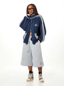 SUMWON WOMEN Oversized Knitted Zip Through Cardigan With Stripe Detail And Front Pockets For Casual Layering And Autumn Winter Styling - Navy Blue - View 5