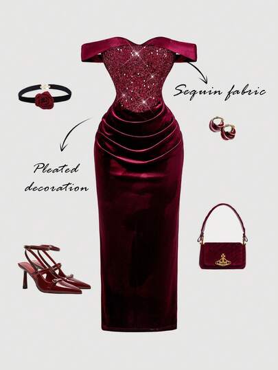 SHEIN MOD Red Off-Shoulder Velvet Dress With Sequin Embroidery, Luxurious Royal Style, Y2K, Perfect For Date Night, Party, Royal, Festival & Birthday Wear