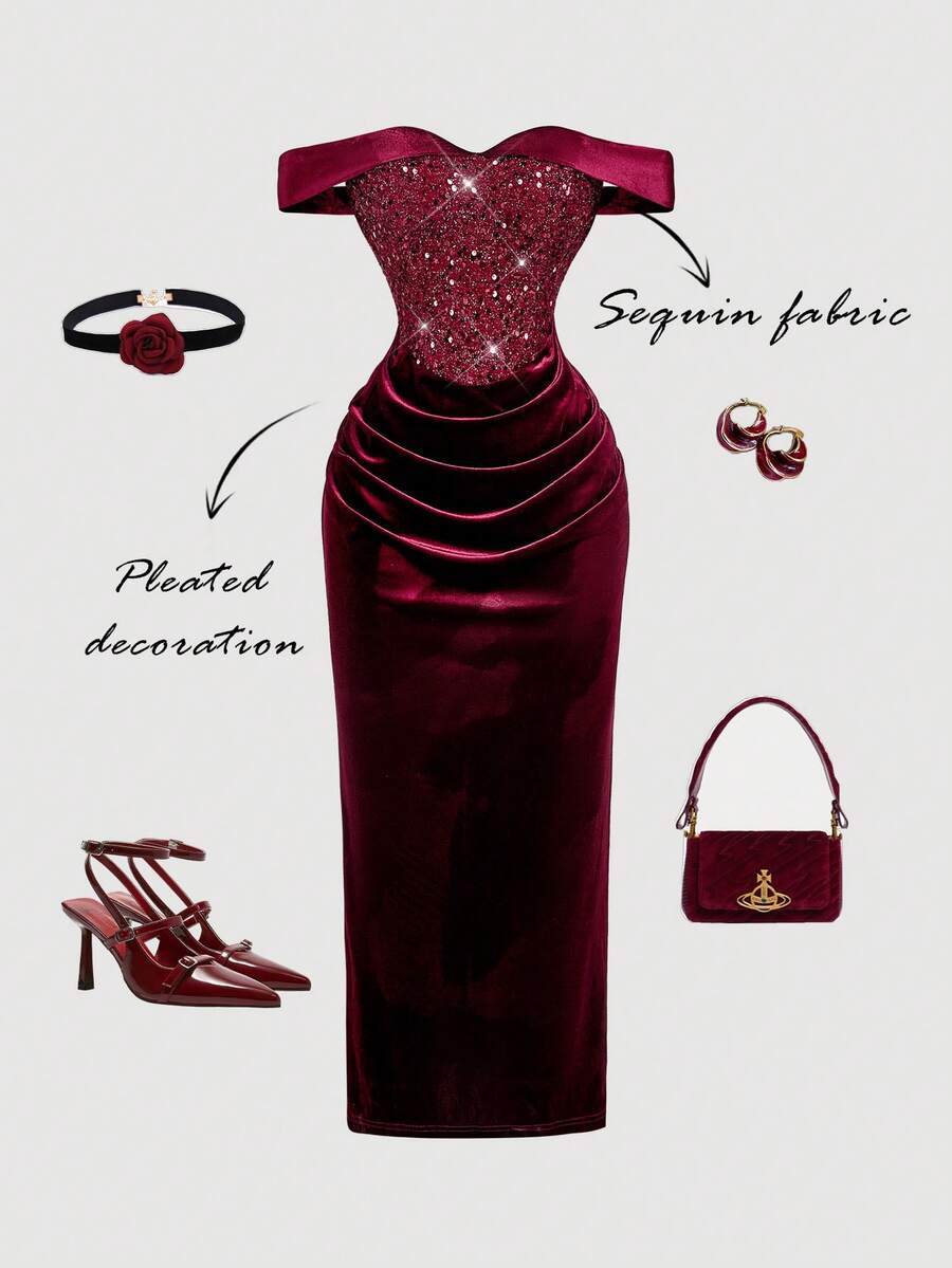 SHEIN MOD 红色露肩丝绒连衣裙，饰以亮片刺绣，尽显奢华皇家风范，Y2K风格，完美适用于约会之夜、派对、皇家盛典、节日庆典及生日穿着。 - 紅色 - 查看 1