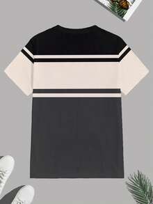 Manfinity Homme 黑灰条纹拼接时尚休闲印花男士标准版型短袖T恤 - 彩色 - 查看 4