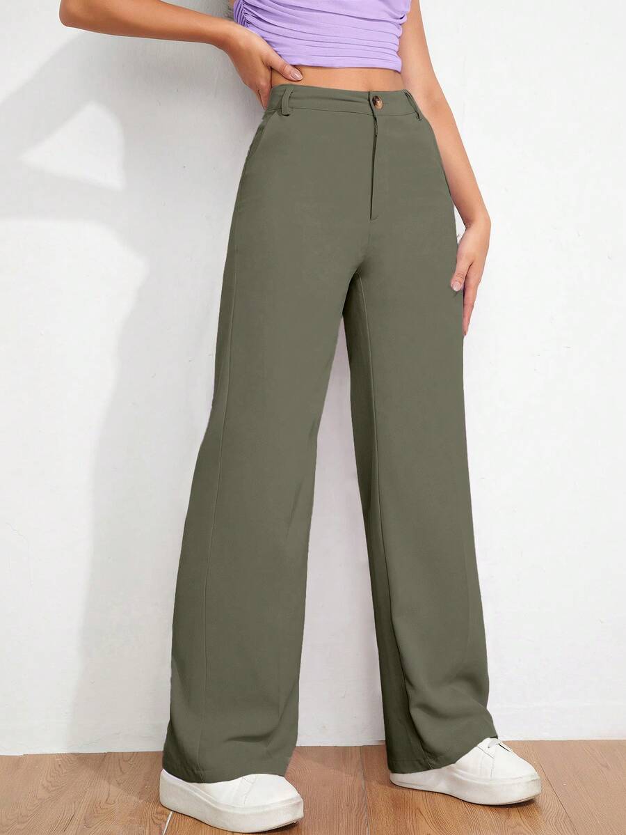 SHEIN Cottnline Casual Versatile Solid Color Straight Leg Pants Office Army Green Autumn - Army Green - View 1
