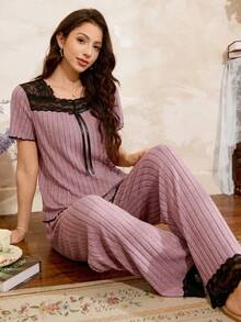 Côtesoire Conjunto de pijama francês casual com detalhes em renda e mangas curtas - Rosa - Ver 1