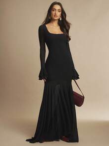 Silquee Váy dài tay bèo nhún cổ vuông màu đỏ tía gợi cảm thanh lịch, thích hợp cho những buổi hẹn hò lãng mạn, đám cưới, tiệc tùng, mặc hàng ngày, tiệc tùng, tụ tập, đi chơi đêm, câu lạc bộ đêm, sự kiện cocktail - màu đen - Xem 1