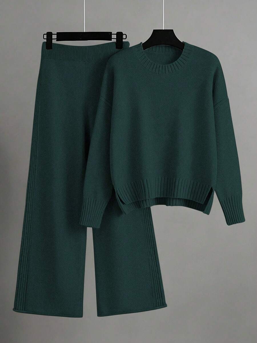 EMERY ROSE 女士优雅宽松长袖系腰针织衫裤套装，大码，适合外出、派对、婚礼宾客等场合，秋冬季 - 墨綠色 - 查看 1