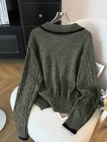 GlowEve CURVE 加大码优雅奢华灰色彼得潘领蝴蝶结修身长袖针织毛衣，厚款 - 灰色 - 查看 2