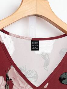 Bộ 2 áo tay lửng in hoa thường ngày cho nữ và quần ống đứng, Xuân/Hè - Màu Đỏ Sâu - Xem 5